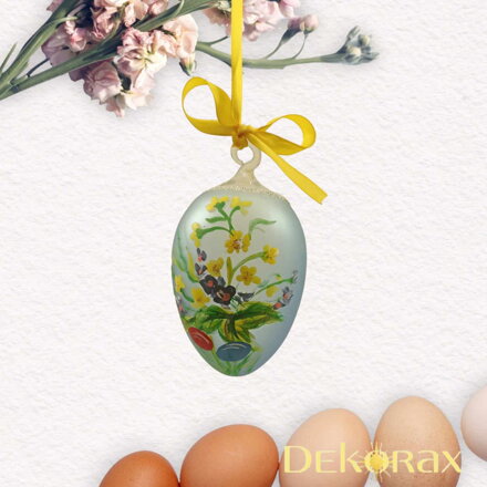 Skleněné ručně malované velikonoční vajíčko k zavěšení modré s kvítky