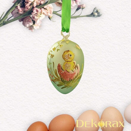Skleněné ručně malované velikonoční vajíčko k zavěšení limetkově zelené s kuřátkem
