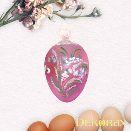 Skleněné ručně malované velikonoční vajíčko k zavěšení růžové s pomněnkami