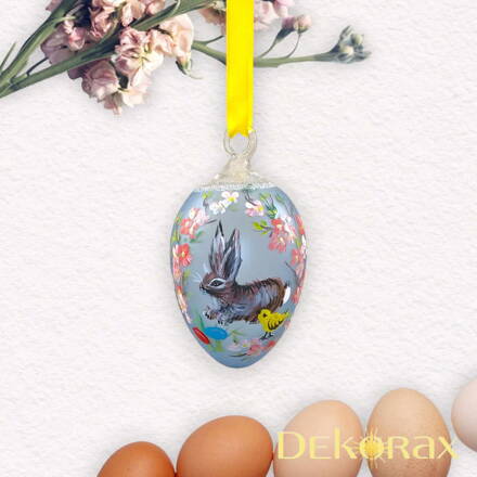 Skleněné ručně malované velikonoční vajíčko k zavěšení modré se zajícem