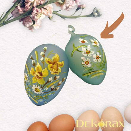 Skleněné ručně malované velikonoční vajíčko k zavěšení modré se sasankami