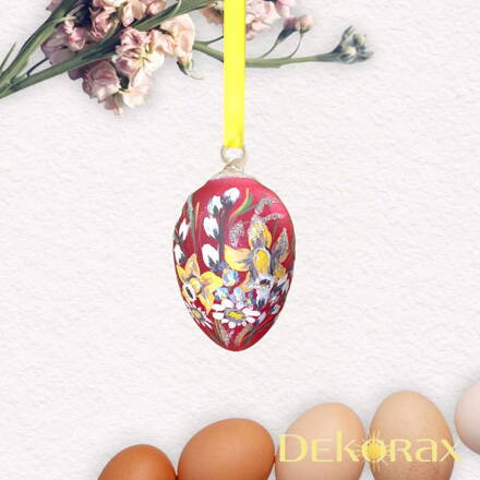 Skleněné ručně malované velikonoční vajíčko k zavěšení červené s narcisy
