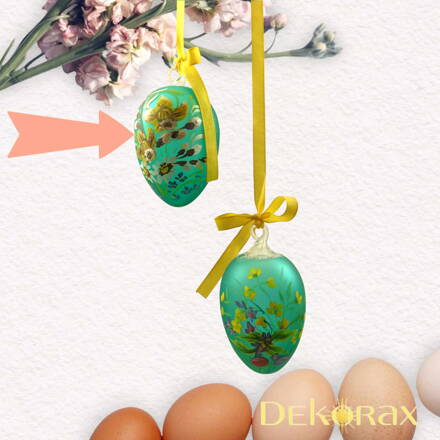 Skleněné ručně malované velikonoční vajíčko k zavěšení zelené s narcisy