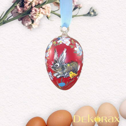 Skleněné ručně malované velikonoční vajíčko k zavěšení červené se zajícem